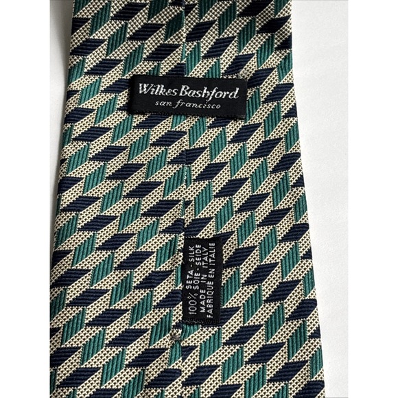 Wilkes Bashford Silk Italy NeckTie Ecru Teal Blue 58" Geometric Jacquard Woven - Picture 9 of 14
